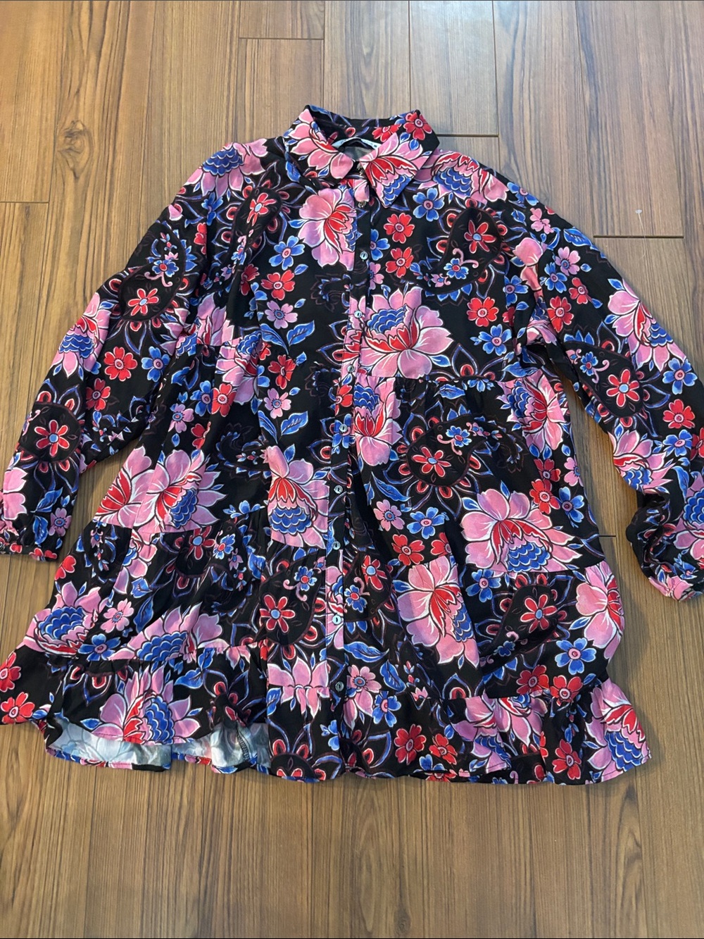Zara Black Floral Midi Dress with Pink & Blue Flowers